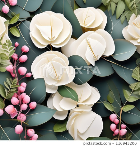 Floral background with white flowers and eucalyptus leaves 116943200