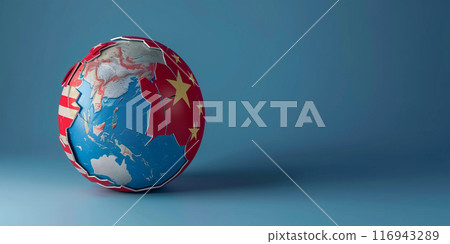 A globe divided between the flags of the USA and China, representing geopolitical tensions and competition on a global scale. A globe divided between the flags of the USA and China, representing geopolitical tensions and competition on a global scale. 116943289