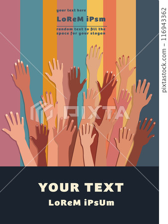 Group raised hand. DEIB concept. Poster copy space. Multicultural people. Racial equality. Men and women of different culture and nations. Community. Diversity Equity Inclusion Belonging Group raised hand. DEIB concept. Poster copy space. Multicultural people. Racial equality. Men and women of different culture and nations. Community. Diversity Equity Inclusion Belonging 116943362