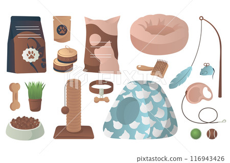 Pet shop items mega set elements in flat cartoon graphic design. Bundle objects of dog food in bag, canned food, bed, grooming comb, bowl, scratching post, cat house, toys, other. Vector illustration. Pet shop items mega set elements in flat cartoon graphic design. Bundle objects of dog food in bag, canned food, bed, grooming comb, bowl, scratching post, cat house, toys, other. Vector illustration. 116943426