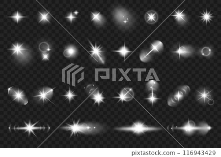 Lens flare mega set elements in realistic graphic design. Bundle objects of white glow flare light effects, sunshine flash with beams and sparkles, bright star highlight blinks. Vector illustration. 116943429