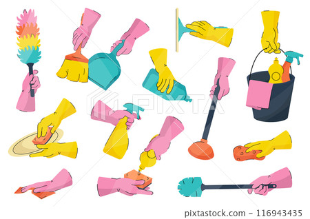 Cleaning tools mega set elements in flat cartoon graphic design. Bundle objects of dust brush, dustpan, broom, rubber gloves hand, detergent bottles, bucket, rag, sponge, other. Vector illustration. Cleaning tools mega set elements in flat cartoon graphic design. Bundle objects of dust brush, dustpan, broom, rubber gloves hand, detergent bottles, bucket, rag, sponge, other. Vector illustration. 116943435