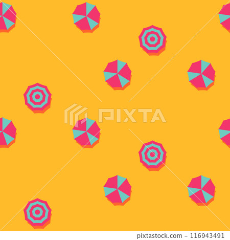 Seamless pattern sun umbrellas. Bright orange and pink colored objects summer beach background vector flat illustration 116943491
