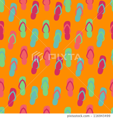 Seamless pattern with flip flops. Bright orange and green colored slippers with different ornaments background. Beach sandals summer vector flat illustration 116943499