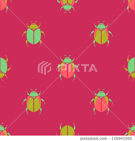 Colorful green on pink insects, beetle, and bugs in cartoon flat style. Vector seamless pattern with nature theme background for fabric print and paper. 116943500
