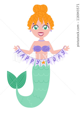 Childrens magic element. Cute mermaid congratulates happy birthday Vector cartoon illustration in flat style isolated on a white background. For print, design, poster, sticker, card, decoration. 116943571
