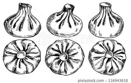 set of Georgian khinkalia. illustration in sketch style. frozen foods semi-finished products 116943638