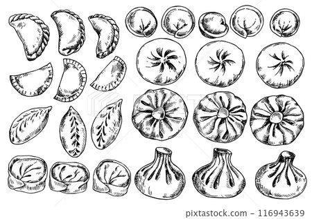 a large set of different types of dumplings, khinkali. illustration in sketch style. frozen food, convenience foods 116943639