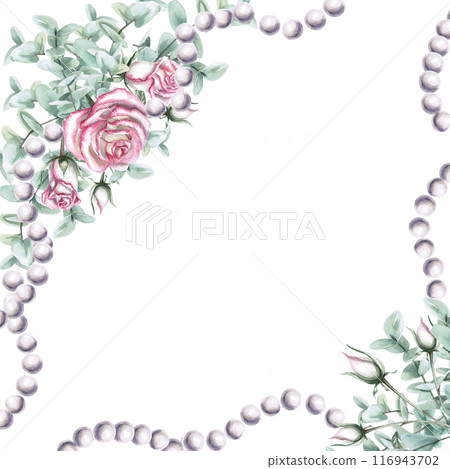 Bouquet composition with roses, eucalyptus and pearl beads in watercolor. Watercolor illustration for greeting cards, weddings, memorials, printing on clothing. Illustration isolated from background. Bouquet composition with roses, eucalyptus and pearl beads in watercolor. Watercolor illustration for greeting cards, weddings, memorials, printing on clothing. Illustration isolated from background. 116943702