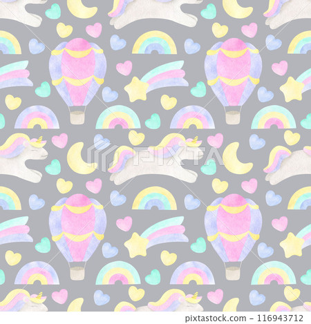 Rainbows and unicorn seamless pattern. Watercolor pastel color rainbow, unicorn, hot air balloon, moon, hearts, falling star. Cute design for kids textile, fabric, scrapbooking, wrapping paper 116943712
