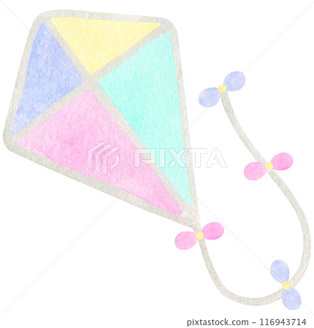 watercolor hand drawn kite with bow illustration isolated on white background. Clip art for children, for kids, for baby. Cute graphic element. Pastel colors 116943714
