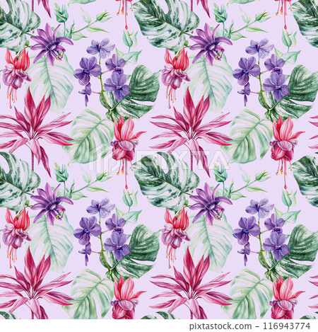 flora seamless pattern Tropical palm leaves flowers exotic floral background, watercolor orchid, passionflower, monstera 116943774