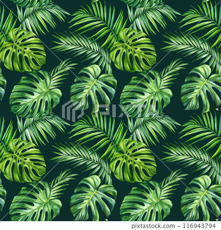 Tropical pattern, Summer watercolor palm leaves. Green pattern for wallpaper textile fabric design. Floral hand drawn Tropical pattern, Summer watercolor palm leaves. Green pattern for wallpaper textile fabric design. Floral hand drawn 116943794