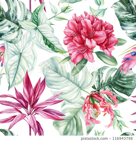 Hawaiian seamless pattern. Tropical palm leaves, rhododendron flowers exotic floral background, watercolor botanical Hawaiian seamless pattern. Tropical palm leaves, rhododendron flowers exotic floral background, watercolor botanical 116943798