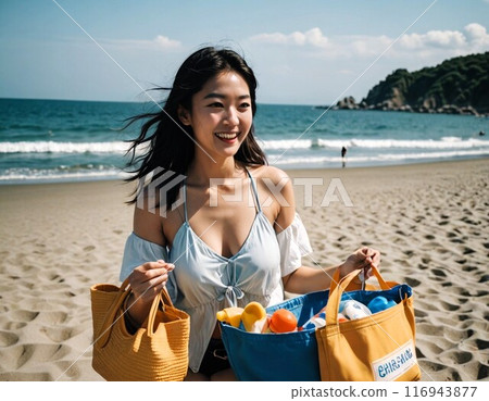 Beautiful woman on tropical beach and smiling woman 116943877