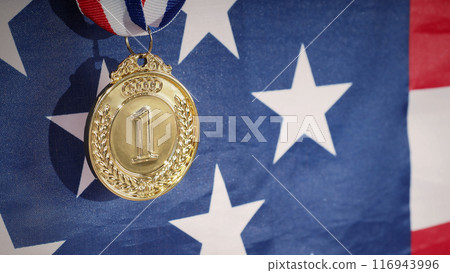 Gold silver and bronze mockup trophy medals with ribbon against United States of America flag. Represent winner of national or international olympic sport competition. Award winner and victory concept 116943996