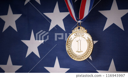 Gold silver and bronze mockup trophy medals with ribbon against United States of America flag. Represent winner of national or international olympic sport competition. Award winner and victory concept Gold silver and bronze mockup trophy medals with ribbon against United States of America flag. Represent winner of national or international olympic sport competition. Award winner and victory concept 116943997