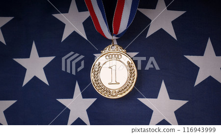 Gold silver and bronze mockup trophy medals with ribbon against United States of America flag. Represent winner of national or international olympic sport competition. Award winner and victory concept 116943999