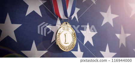 Gold silver and bronze mockup trophy medals with ribbon against United States of America flag. Represent winner of national or international olympic sport competition. Award winner and victory concept Gold silver and bronze mockup trophy medals with ribbon against United States of America flag. Represent winner of national or international olympic sport competition. Award winner and victory concept 116944000