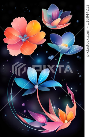 The image features a delightful assortment of flowers predominantly in shades of blue, pink, and orange 116944212