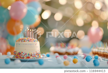 Birthday Party Table With Cake and Decorations Birthday Party Table With Cake and Decorations 116944413