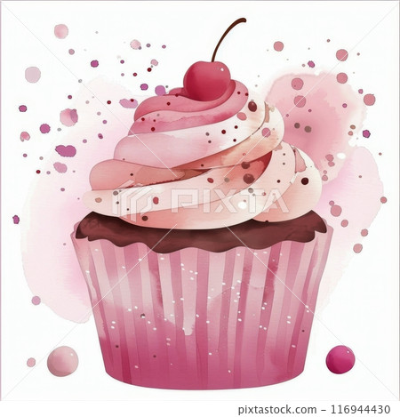 Pink Cherry Cupcake Watercolor Illustration Pink Cherry Cupcake Watercolor Illustration 116944430