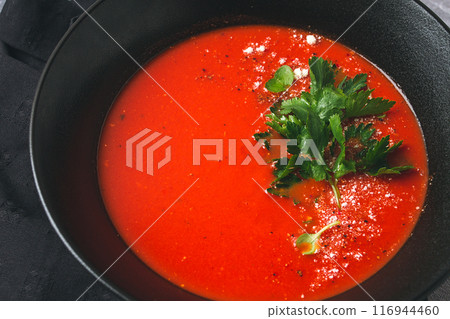 tomato soup, with herbs and spices, homemade, no people, 116944460