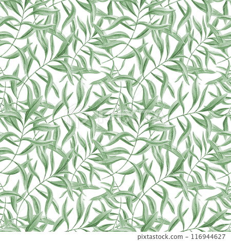 Green leaf branches. Seamless pattern of olive leaves. Oleander twigs. Tropical botanical ornate. Watercolor illustration of summer greenery. Floral design for room decor, textile, scrapbook Green leaf branches. Seamless pattern of olive leaves. Oleander twigs. Tropical botanical ornate. Watercolor illustration of summer greenery. Floral design for room decor, textile, scrapbook 116944627