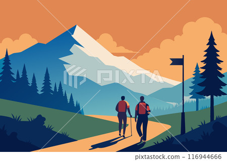 Hiking adventure scene in flat style. Hiker traveling on the wild landscape, with mountains Hiking adventure scene in flat style. Hiker traveling on the wild landscape, with mountains 116944666