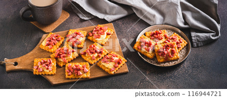 Spicy baked crackers with cheese and sausage on a plate on the table web banner Spicy baked crackers with cheese and sausage on a plate on the table web banner 116944721