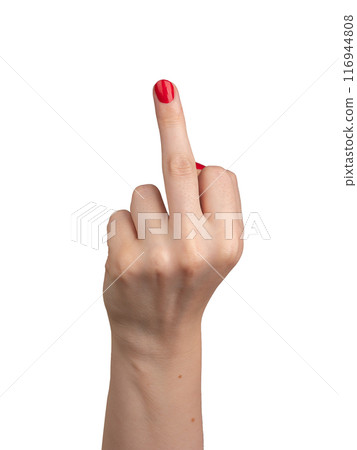 A hand showing the middle finger gesture, commonly known as an offensive sign. The gesture is 116944808
