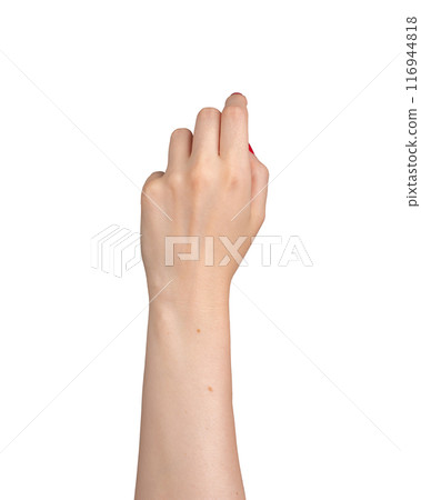 Isolated on a white backdrop, this closeup of a delicate hand with red-painted nails captures the Isolated on a white backdrop, this closeup of a delicate hand with red-painted nails captures the 116944818