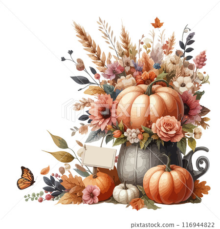 Rustic pumpkin watercolor autumn composition. Cozy home decor. 116944822