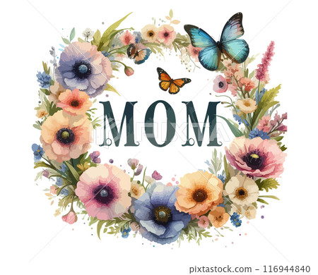Mothers day postcard. Mom text with flowers. Mothers day postcard. Mom text with flowers. 116944840