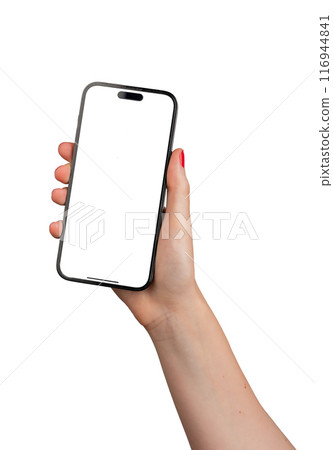 Berlin Germany July 21 2024 Hand holding mobile phone screen mockup, showing iphone smartphone mock Berlin Germany July 21 2024 Hand holding mobile phone screen mockup, showing iphone smartphone mock 116944841