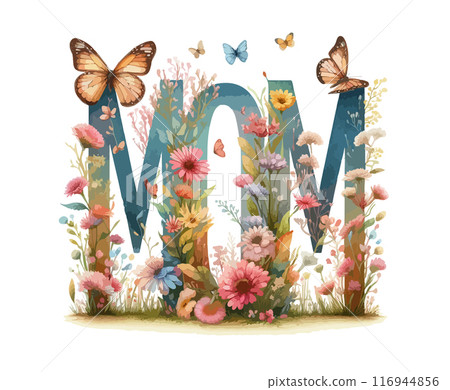 Mothers day postcard. Mom text with flowers. Mothers day postcard. Mom text with flowers. 116944856