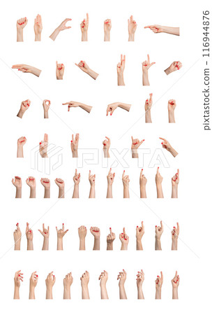 Different hand gestures, finger signs set isolated on white background. Female arms with red polish 116944876