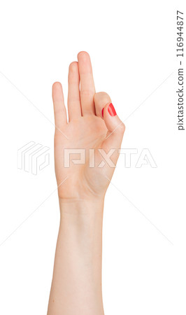 Hand gesture for communication, with raised thumb and index finger. Isolated on white background, 116944877