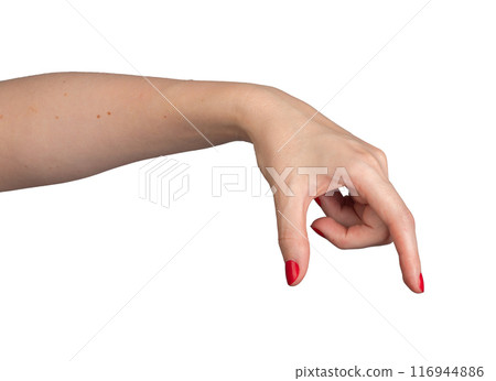 A hand using two fingers thumb and index finger to measure or show the size of an invisible object. A hand using two fingers thumb and index finger to measure or show the size of an invisible object. 116944886