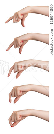 Hands holding something between two fingers, taking, size measurement gesture from big to small 116944890