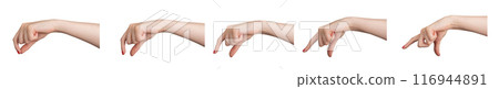 Female hands holding something invisible between two fingers, taking, measuring gesture from big to 116944891