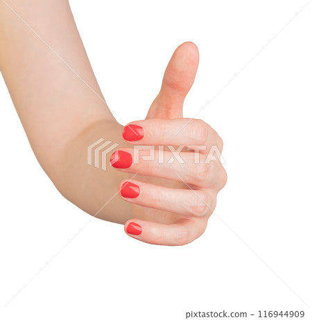 Outstretched hand and arm, gesture for holding or presenting an invisible product. Isolated on white 116944909