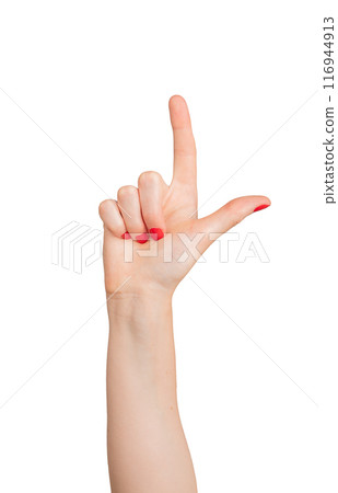 Hand with thumb and index finger raised, showing a gesture of communication. Isolated on white 116944913