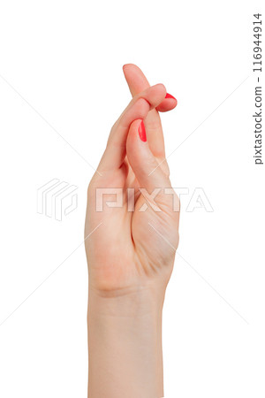 Hand with a quirky and twisted gesture, featuring intertwined fingers and a whimsical expression. 116944914