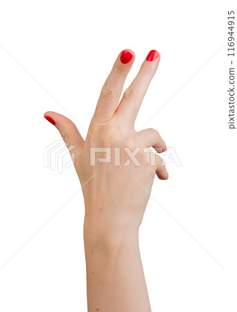 Hand making a quirky gesture with an eccentric and funny expression. Isolated on a white background, 116944915