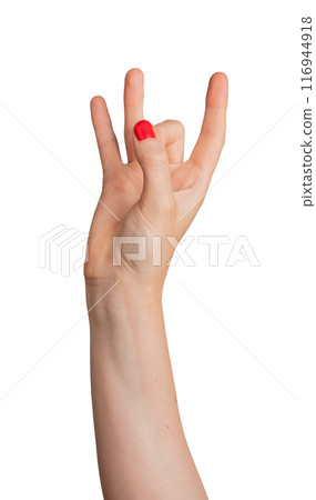 Hand showing the number 8 with fingers, isolated on a white background. Elegant womans hand with Hand showing the number 8 with fingers, isolated on a white background. Elegant womans hand with 116944918