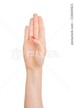 Four fingers up, hand gesture for counting. Showing the number 4, symbol of the fourth digit. Four fingers up, hand gesture for counting. Showing the number 4, symbol of the fourth digit. 116944921