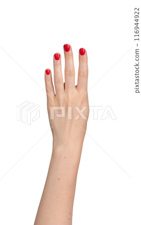 A closeup of a woman's hand held up with four fingers extended, against a clean white background. A closeup of a woman's hand held up with four fingers extended, against a clean white background. 116944922