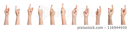 Index finger indicating, pointing up. Hand touching, reaching out, pointer isolated on white 116944930