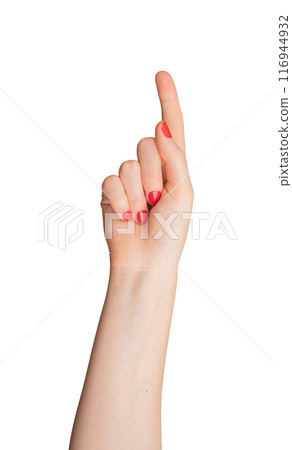 Finger pointing, hand gesture for indicating or selecting. Isolated on white background, 116944932